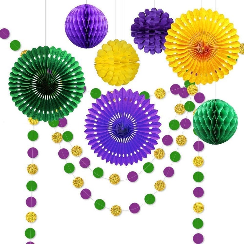 Decor365 Gold Purple Green Mardi Gras Party Decorations Glitter Circle Garlands Banner Hanging Paper Fan Tissue Pompoms Fat Tuesday Mardi Gras Birthday Bachelorette Bridal Cavinal Party Decor - Image 1